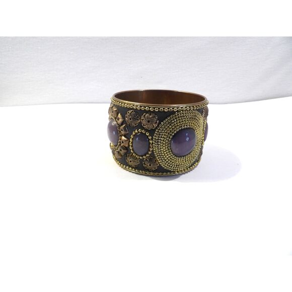 Brass purple beaded wide bangle bracelet, 8" length, missing stone - Picture 10 of 11